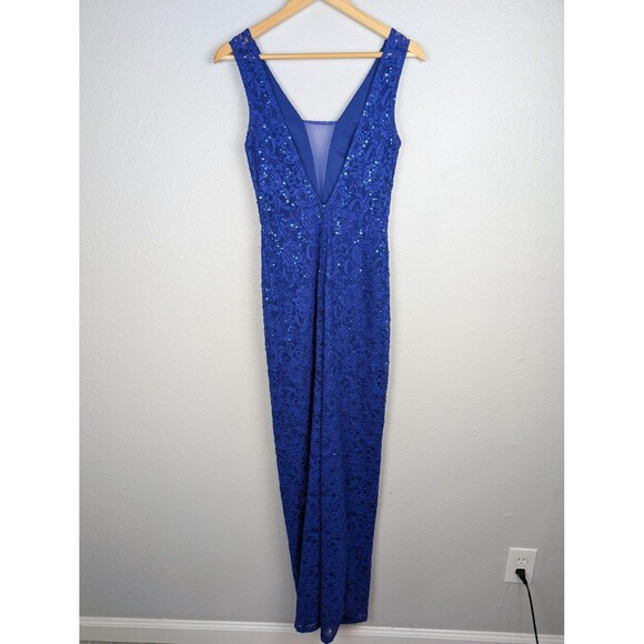 La Scala Dress Womens Small Blue Sequin Lace Gown Sleeveless V Neck Maxi Formal - Picture 2 of 8